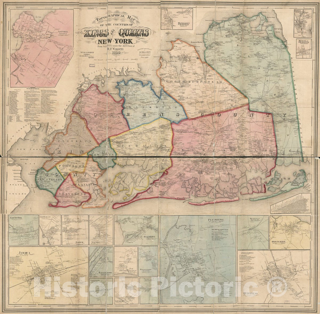 Historic 1859 Map - Topographical map of The Counties of Kings and Queens, New York