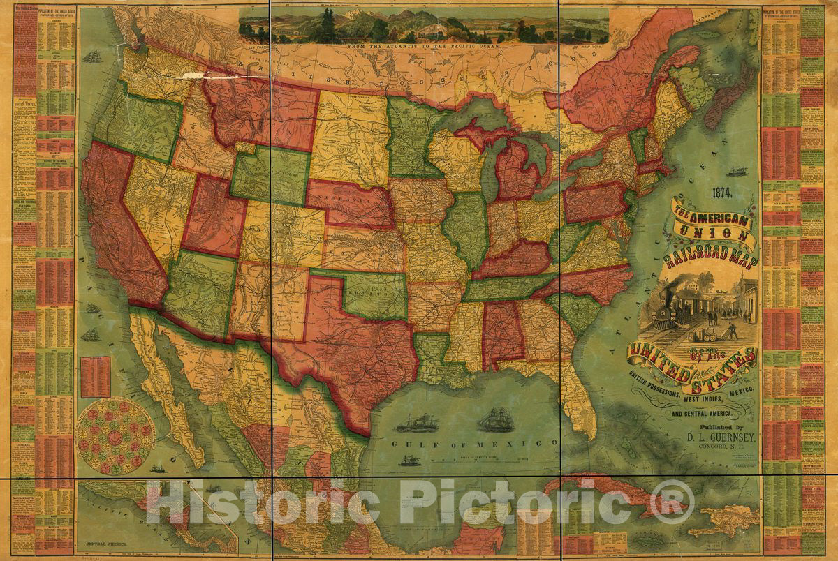 Historic 1874 Map - The American Union Railroad map of The United States, British Possessions. West Indies, Mexico, and Central America.