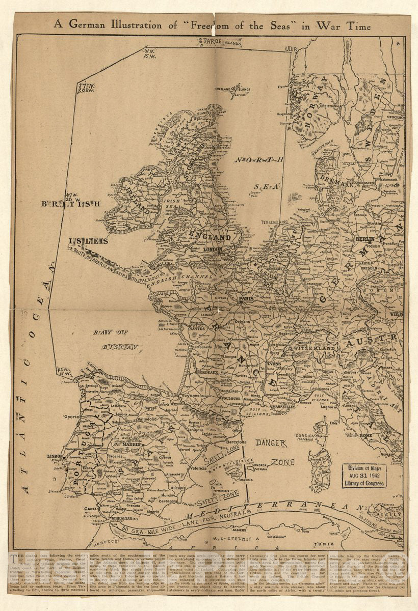 Historic 1915 Map - A German Illustration of;Freedom of The seas; in war time : Western Europe and Western Mediterranean Sea