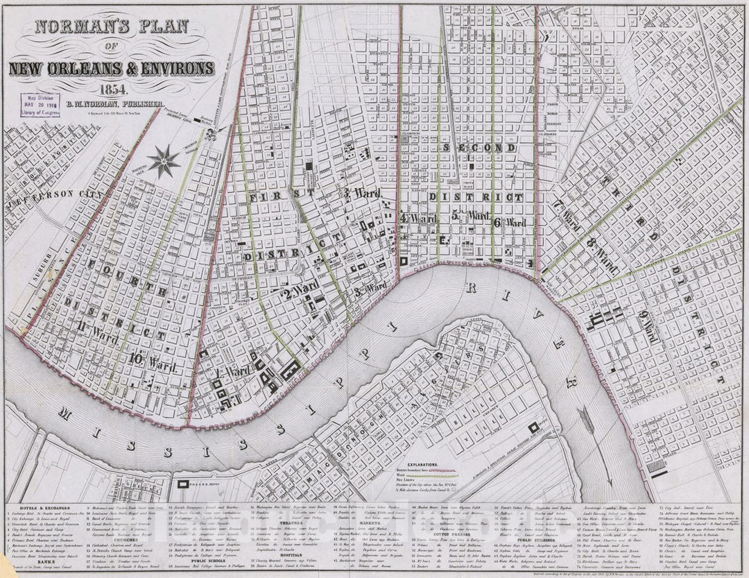 Historic 1854 Map - Norman's Plan of New Orleans & Environs, 1854.