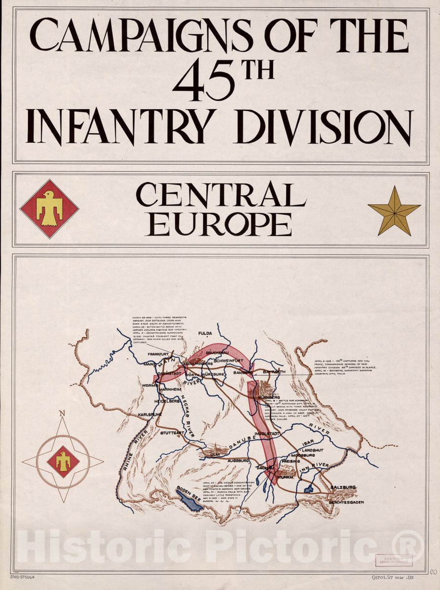 Historic 1945 Map - Campaigns of The 45th Infantry Division : Europe