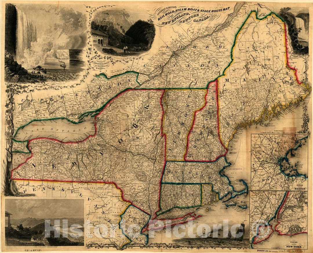 Historic 1850 Map - Sherman & Smith's Railroad, Steam Boat & Stage Route map of New England, New-York and Canada.