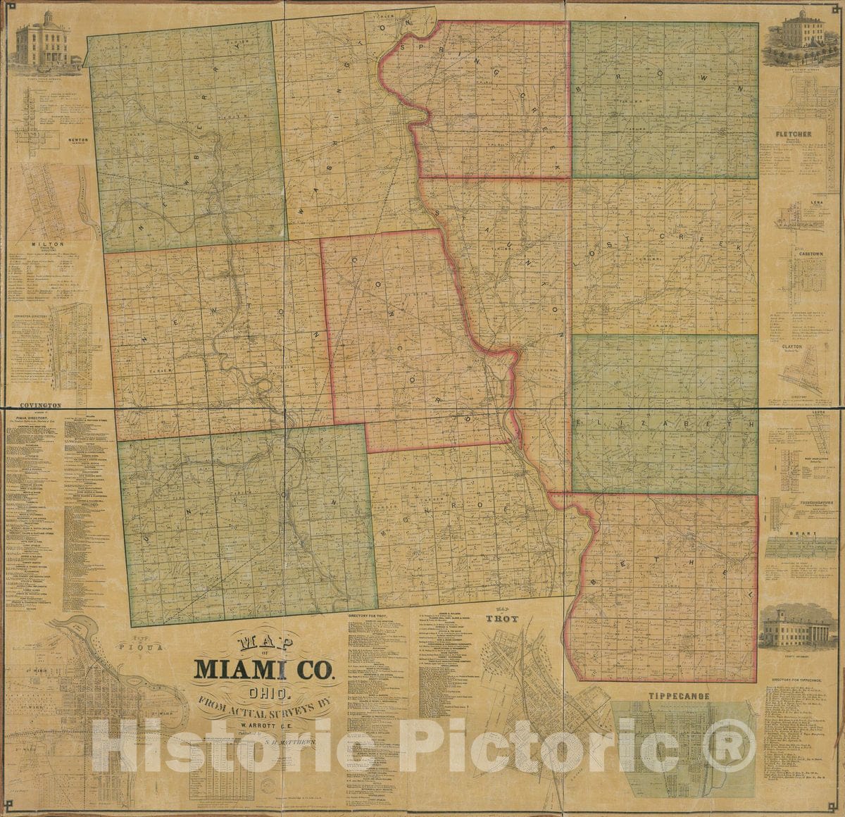 Historic 1858 Map - Map of Miami Co, Ohio.