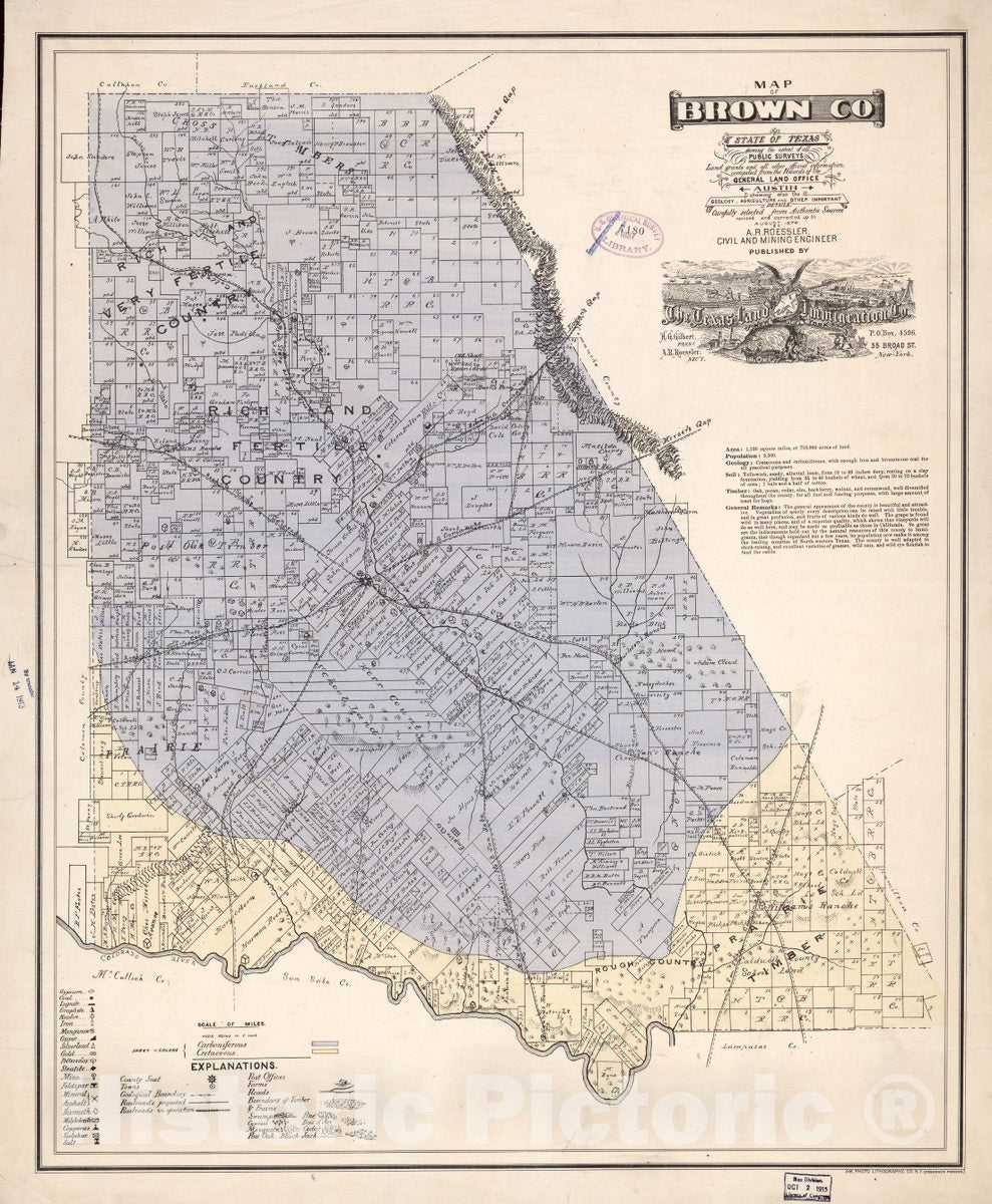 Historic 1876 Map - Map of Brown Co, State of Texas : Showing The Extent of All Public surveys