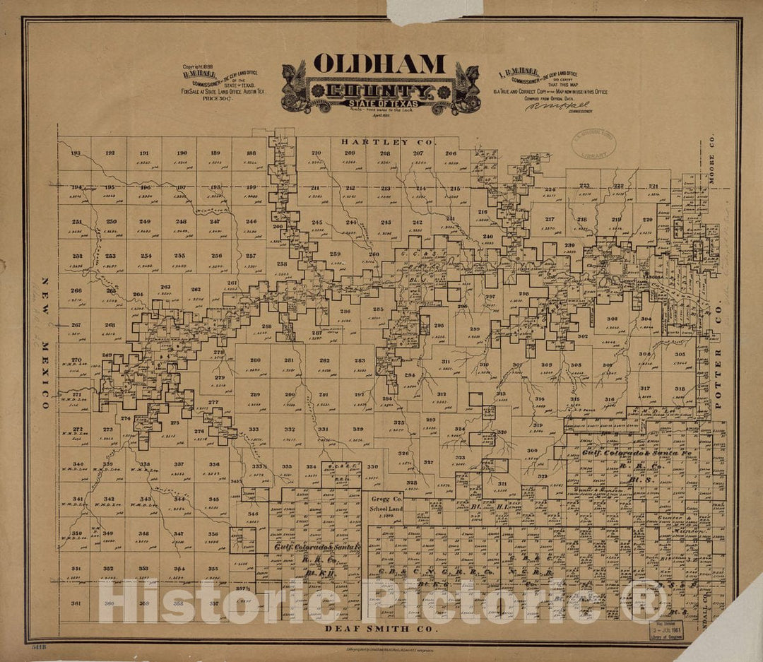 Historic 1888 Map - Oldham County, State of Texas.