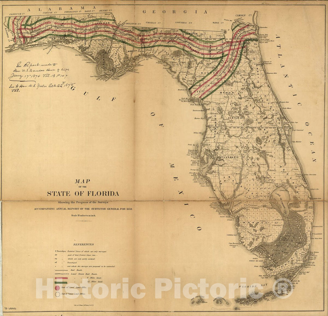 Historic 1859 Map - Map of The State of Florida Showing The Progress of The surveys accompanying Annual Report of The Surveyor General for 1859.