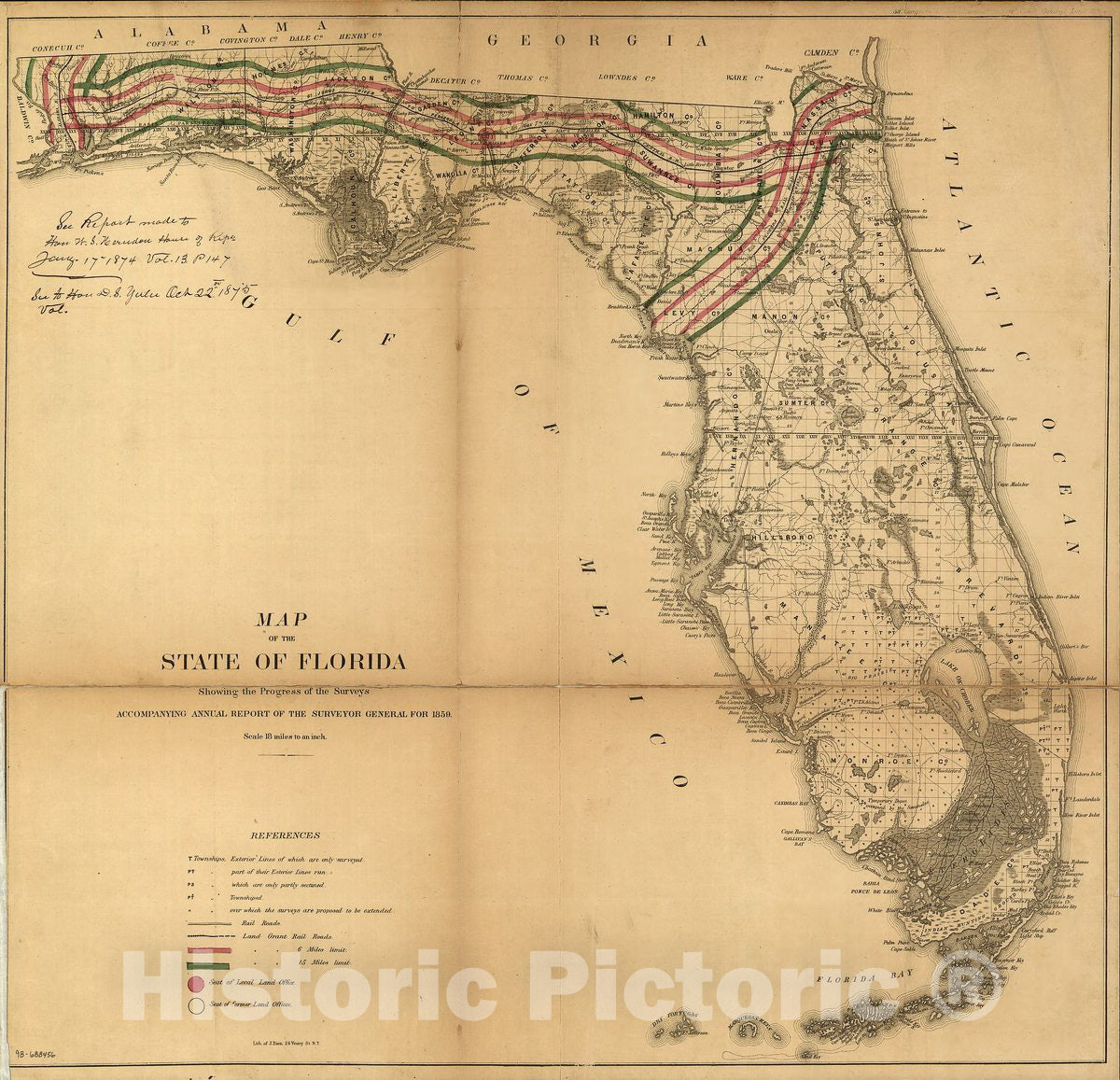 Historic 1859 Map - Map of The State of Florida Showing The Progress of The surveys accompanying Annual Report of The Surveyor General for 1859.
