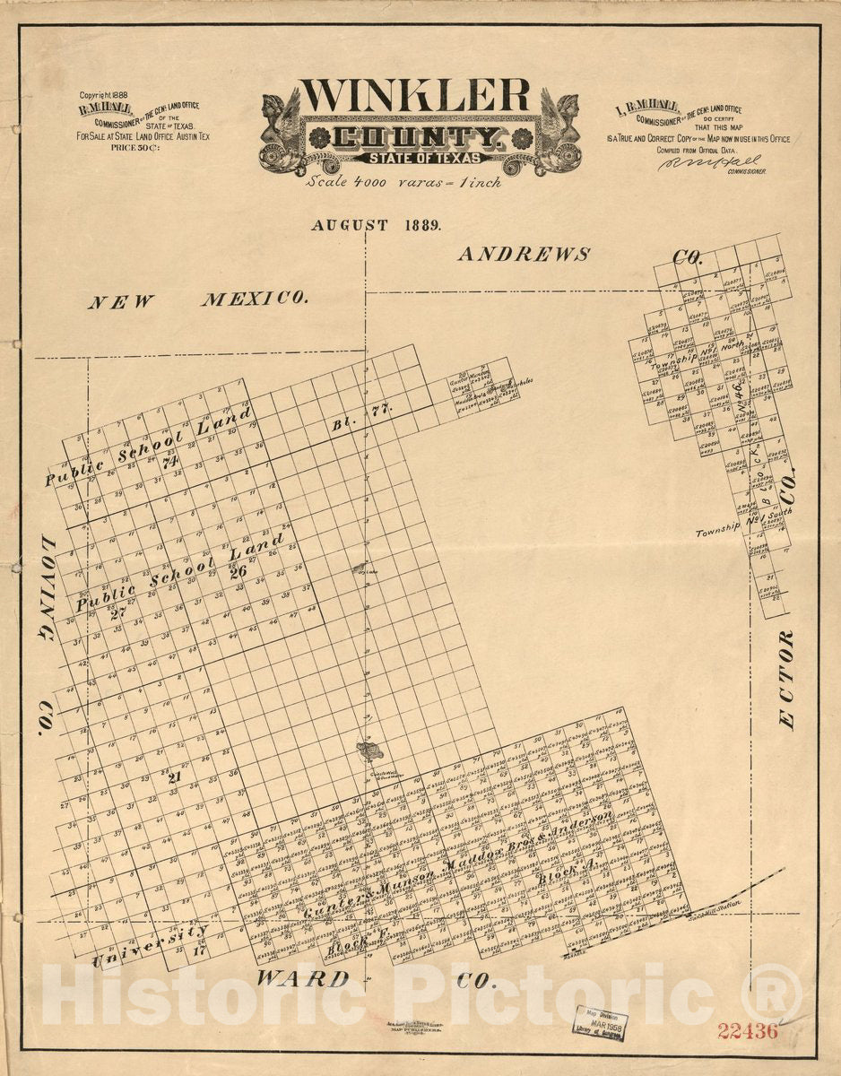 Historic 1889 Map - Winkler County, State of Texas.