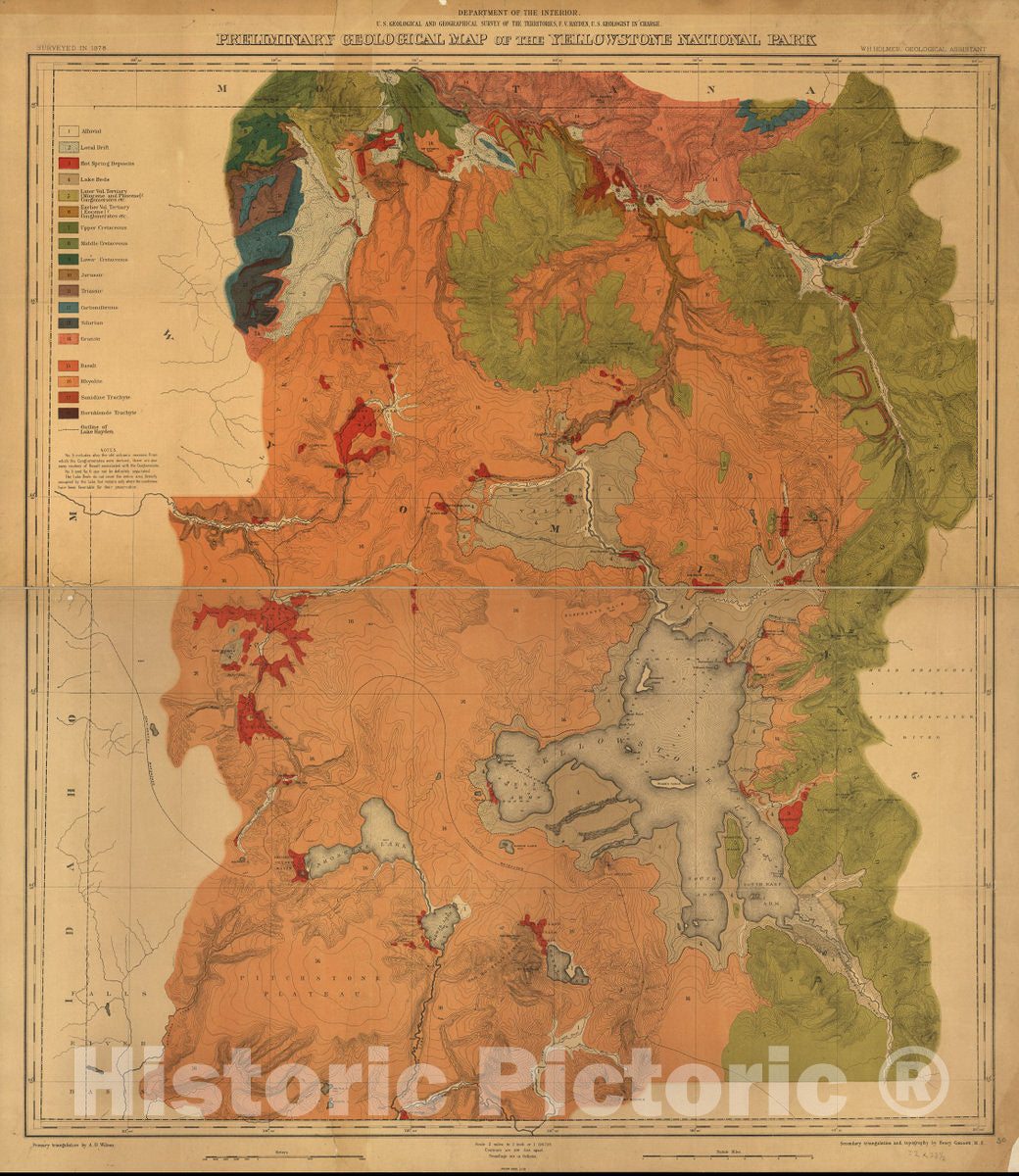 Historic 1878 Map - Preliminary Geological map of The Yellowstone National Park.