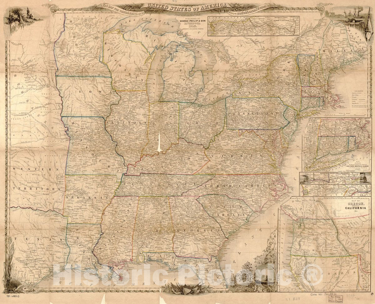 Historic 1852 Map - A New map for Travellers Through The United States of America Showing The Railways, canals & Stage Roads, with The Distances.