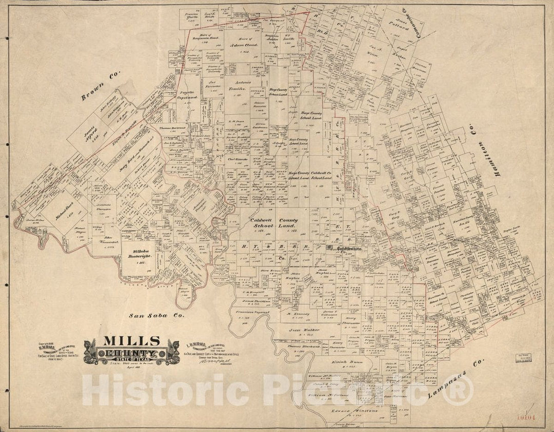 Historic 1888 Map - Mills County, State of Texas.