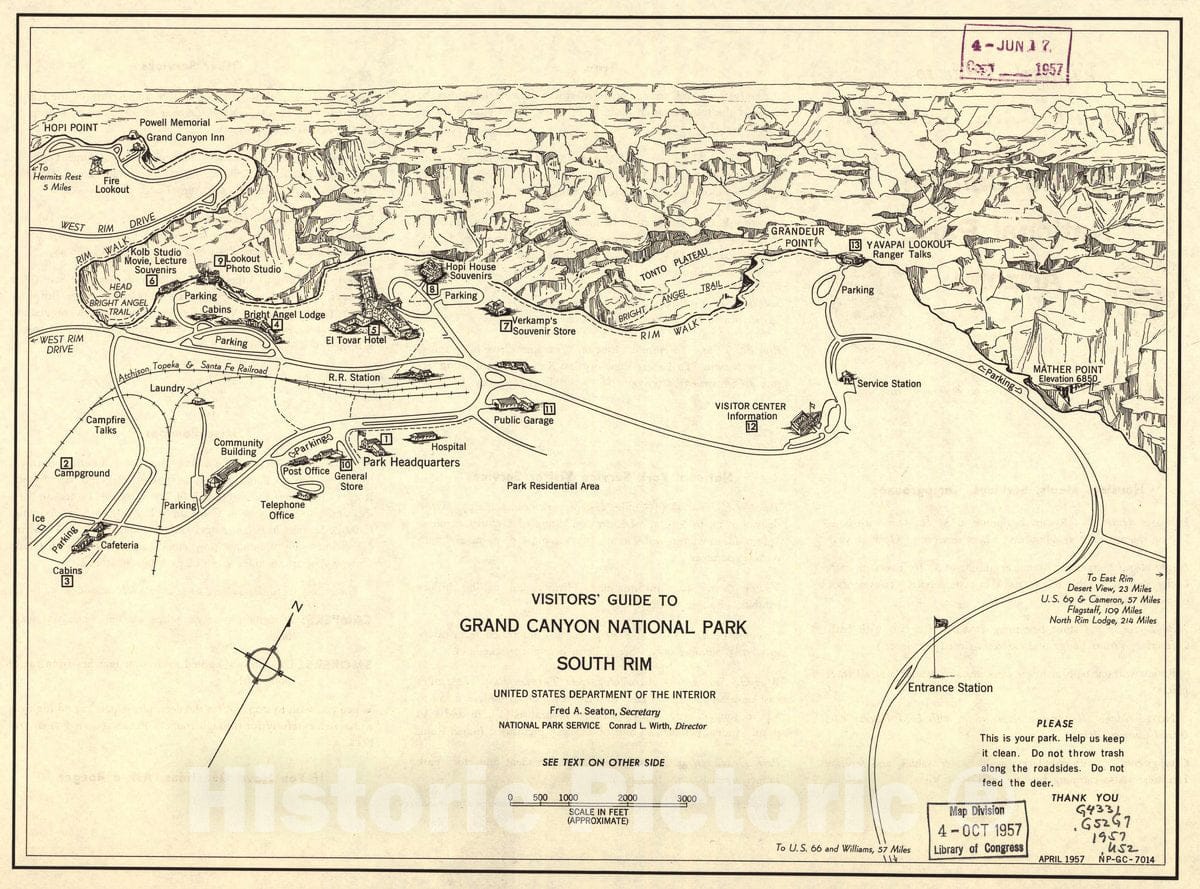 Historic 1957 Map - Visitors' Guide to Grand Canyon National Park, South Rim.