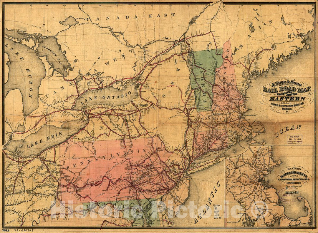 Historic 1859 Map - J. Sage & Sons New & Reliable Rail Road map, Travellers Edition, Eastern.