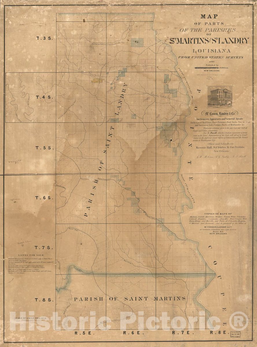 Historic 1860 Map - Map of Parts of The Parishes of St. Martins and St. Landry, Louisiana : from United States surveys.