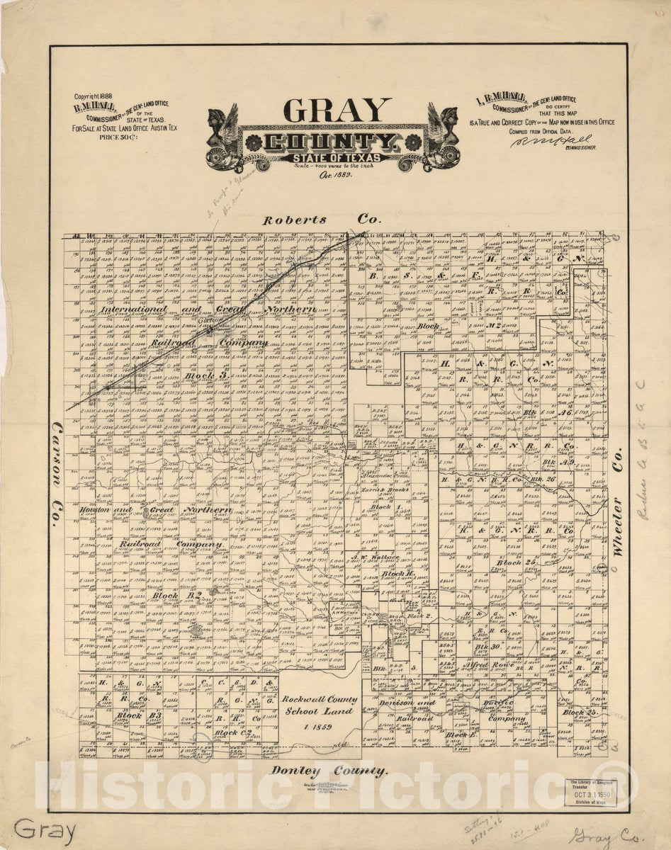 Historic 1889 Map - Gray County, State of Texas.