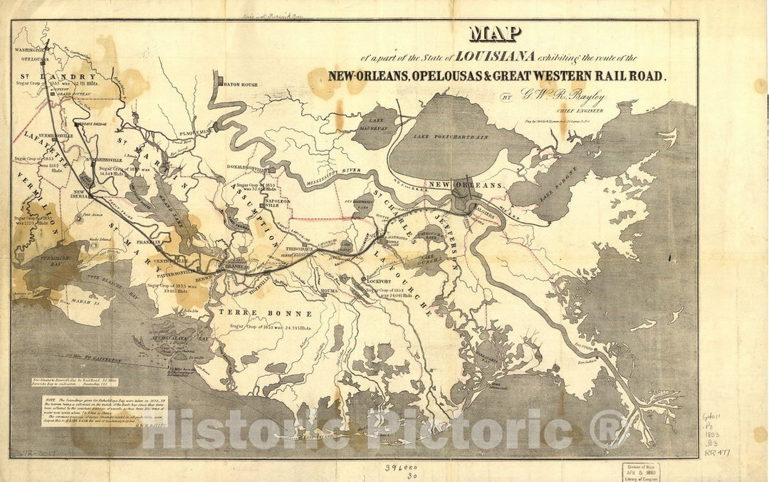 Historic 1853 Map - Map of a Part of The State of Louisiana exhibiting The Route of The New-Orleans, Opelousas & Great Western Rail Road.