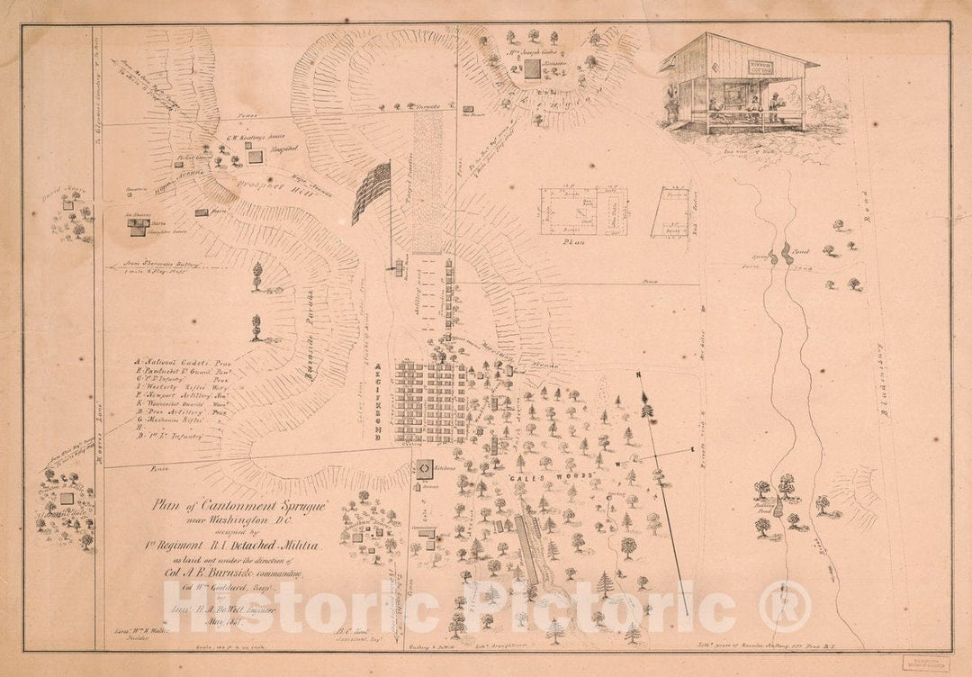 Historic 1861 Map - Plan of;Cantonment Sprague; Near Washington D.C. : Occupied by 1st Regiment R.I. Detached Militia