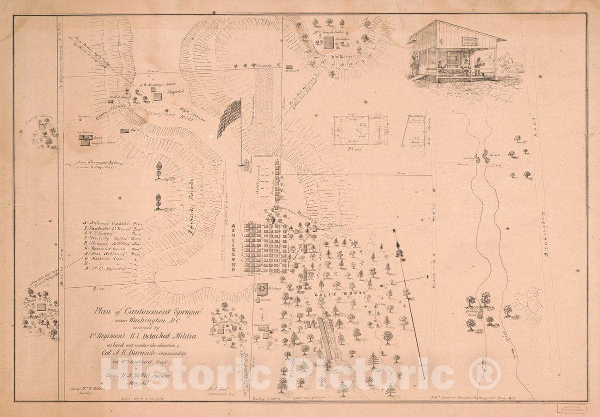 Historic 1861 Map - Plan of;Cantonment Sprague; Near Washington D.C. : Occupied by 1st Regiment R.I. Detached Militia