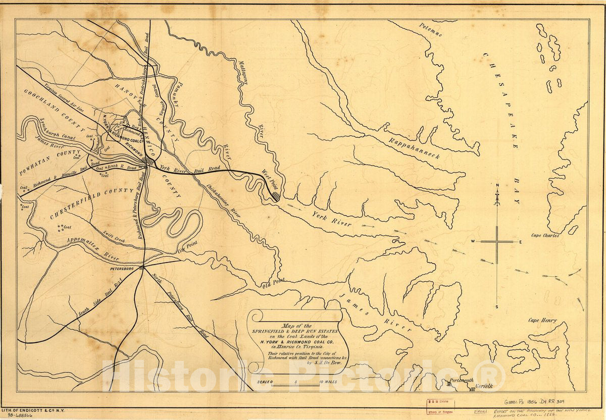 Historic 1856 Map - Map of The Springfield & Deep Run Estates on The Coal Lands of The N. York & Richmond Coal Co, in Henrico Co. Virginia, Their Relative Position to The City of Richmond