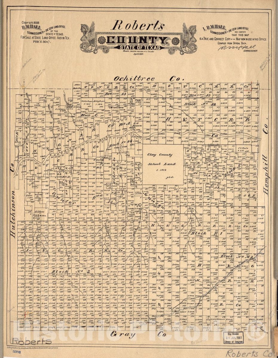 Historic 1888 Map - Roberts County, State of Texas.