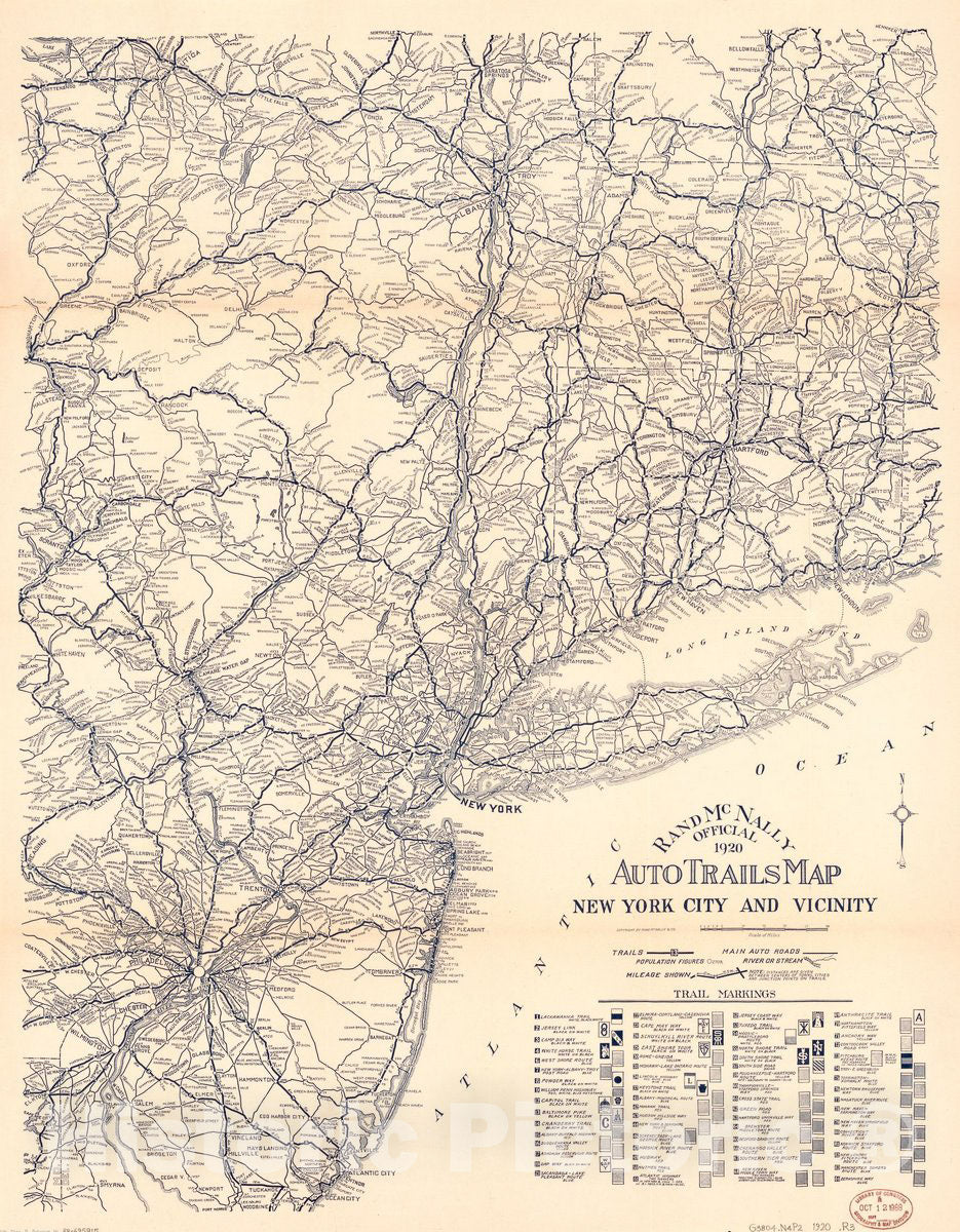 Historic 1920 Map - Rand McNally Official 1920 auto Trails map, New York City and Vicinity.