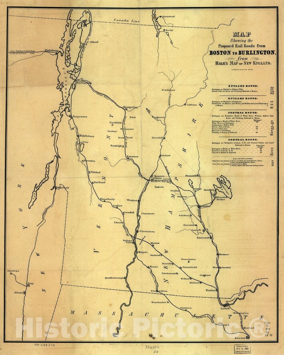 Historic 1844 Map - Map Showing The Proposed Rail Roads from Boston to Burlington, from Hale's map of New England.