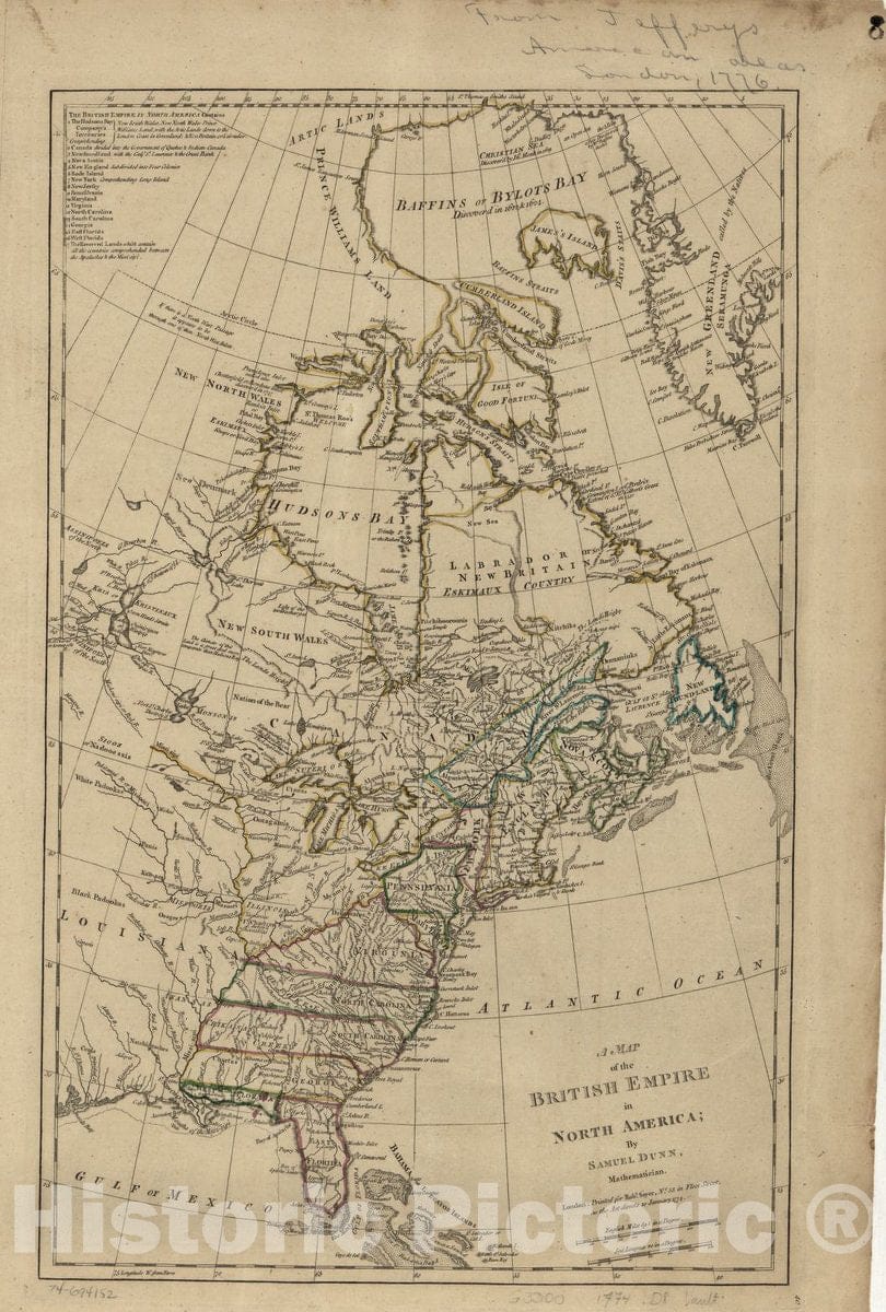 Historic 1774 Map - A map of The British Empire in North America.