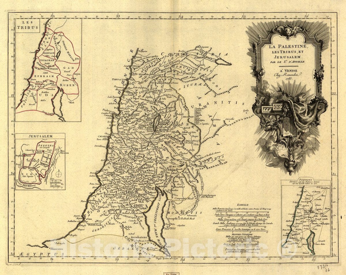 Historic 1783 Map - La Palestine, les tribus, et Jerusalem.