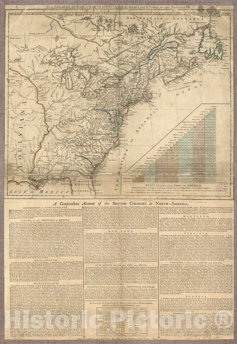 Historic 1776 Map - The Theatre of war in North America, with The Roads and a Table of The Distances.