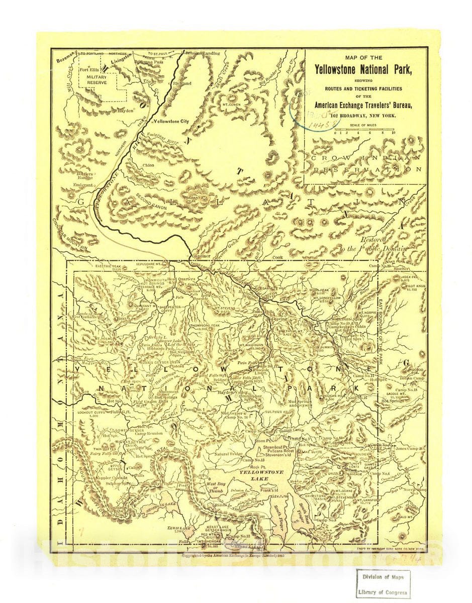 Historic 1883 Map - Map of The Yellowstone National Park, Showing Routes and Ticketing Facilities of The American Exchange Travelers' Bureau.