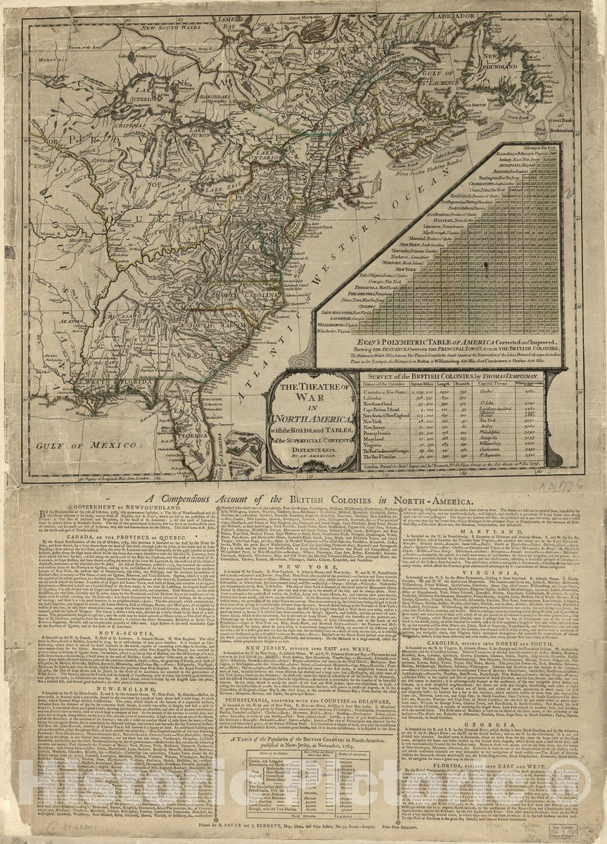 Historic 1776 Map - The Theatre of war in North America, with The Roads, and Tables, of The Superficial Contents, Distances, ca.