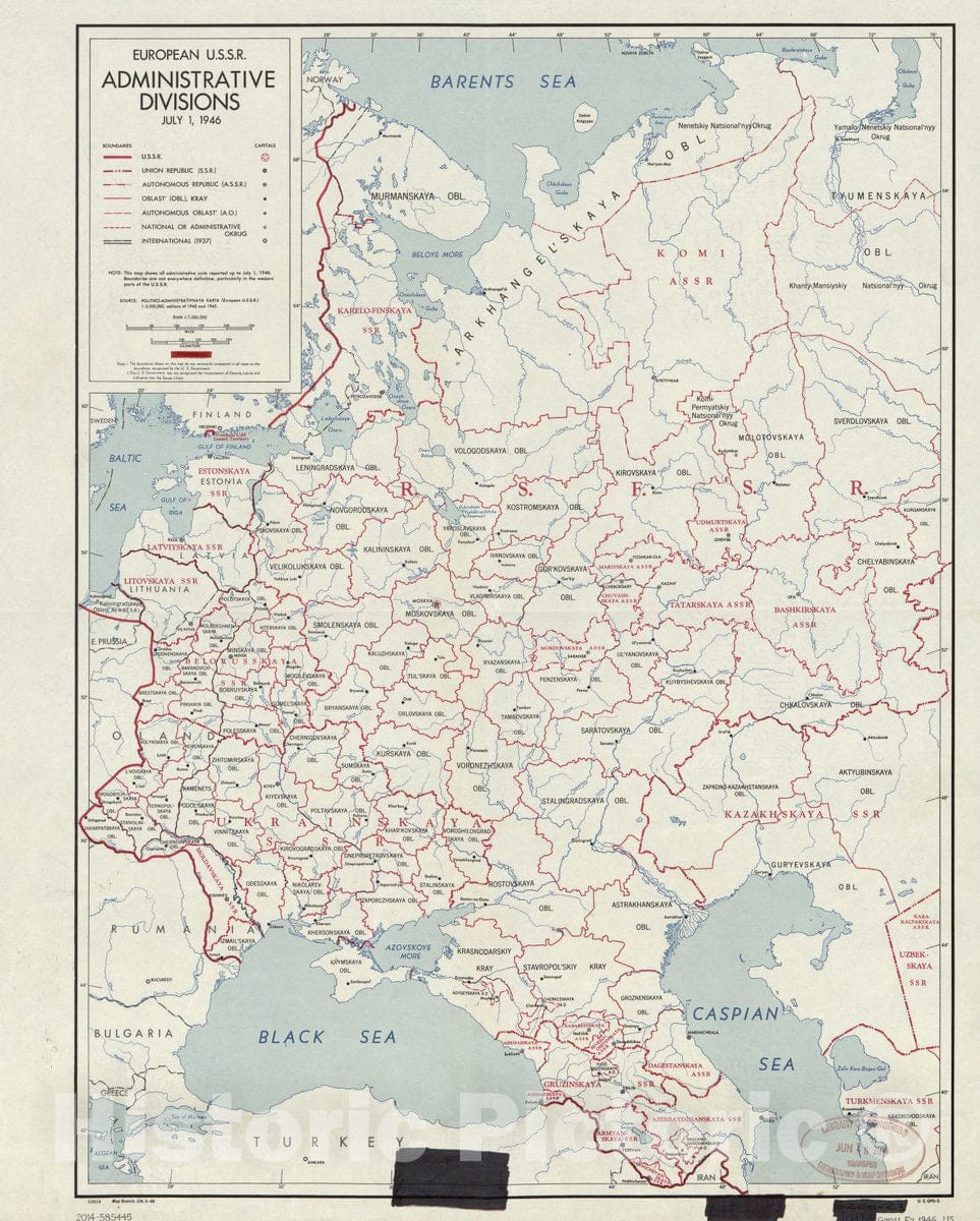 Historic 1946 Map - European U.S.S.R. Administrative divisions : July 1, 1946