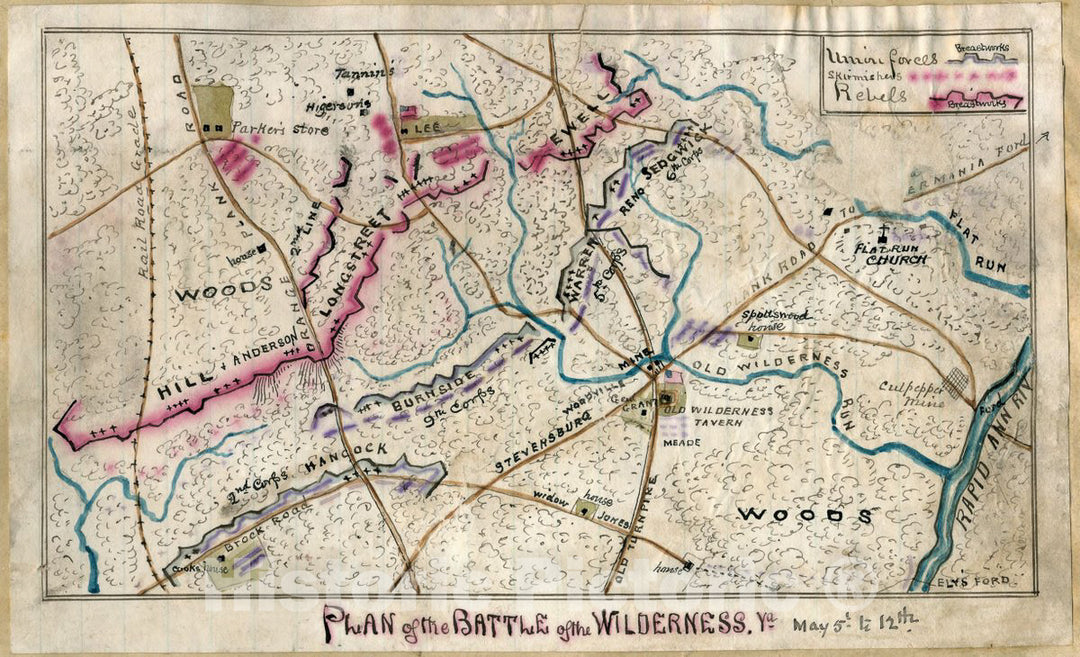 Historic 1864 Map - Plan of The Battle of The Wilderness, Va. : May 5th to 12th.