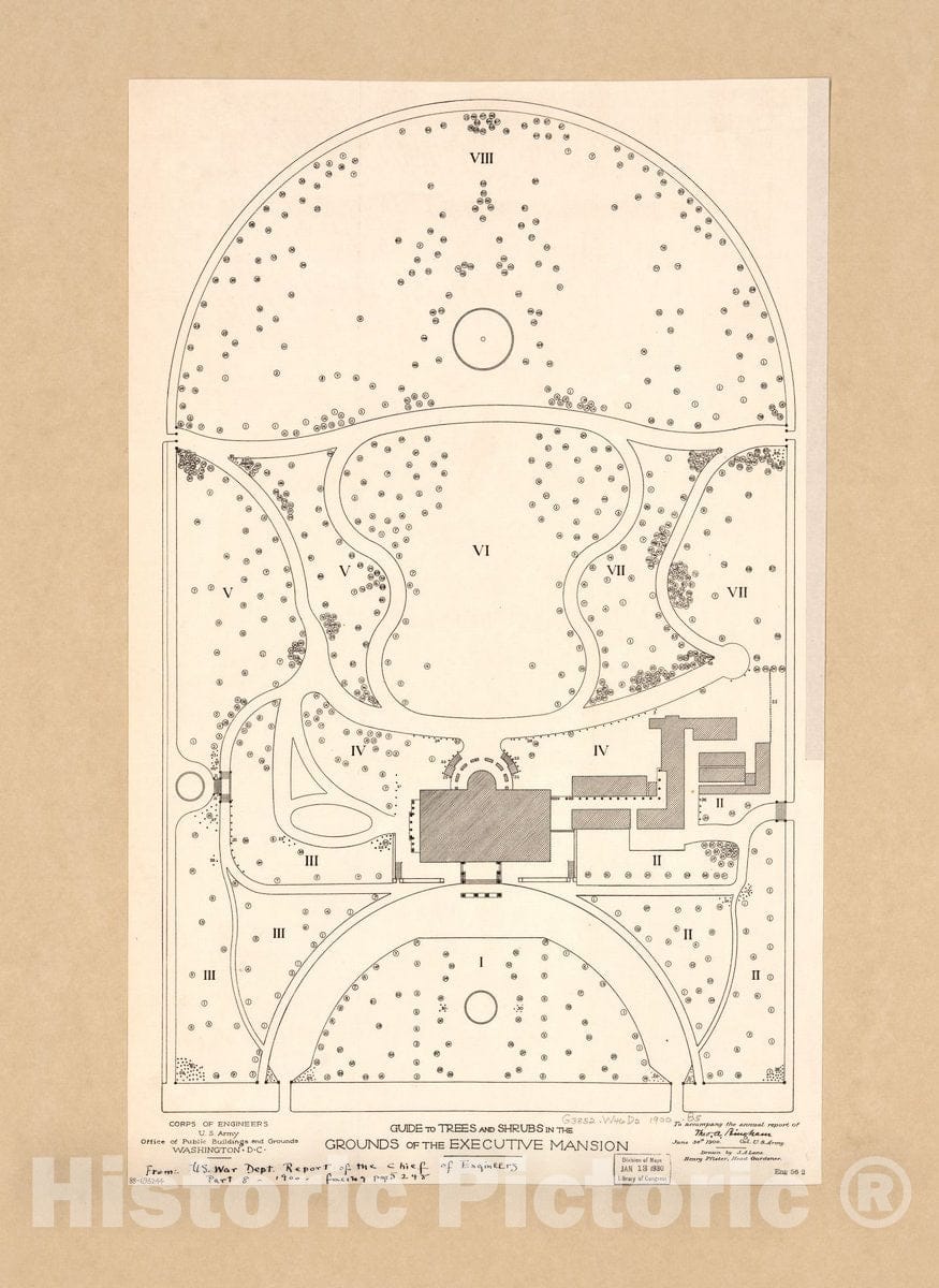 Historic 1900 Map - Guide to Trees and shrubs in The Grounds of The Executive Mansion : Washington D.C.