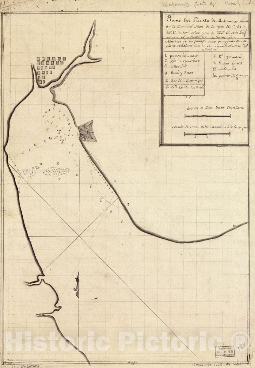 Historic 1725 Map - Plano del Puerto de Matanzas situado en la Costa del Norte de la ysla de Cuba en 2310 de latid. Norte y en la 29340 de la longd. segun el meridiano de Thenerife.