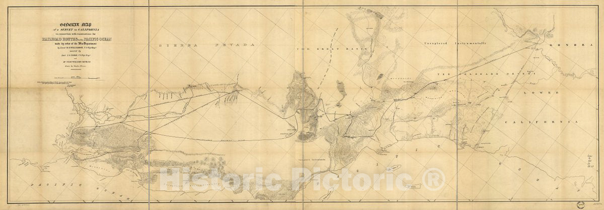 Historic 1855 Map - General map of a Survey in California : in Connection with examinations for Railroad Routes to The Pacific Ocean