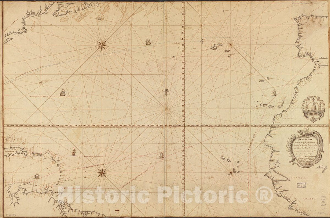 Historic 1756 Map - DescripciÃ³n o Carta de golfo que contiene la Costa de EspaÃ±a, Verueria y Guinea Hasta las yslas de Barlovto. con sus derrotas de y da y Buelta adistintos parages