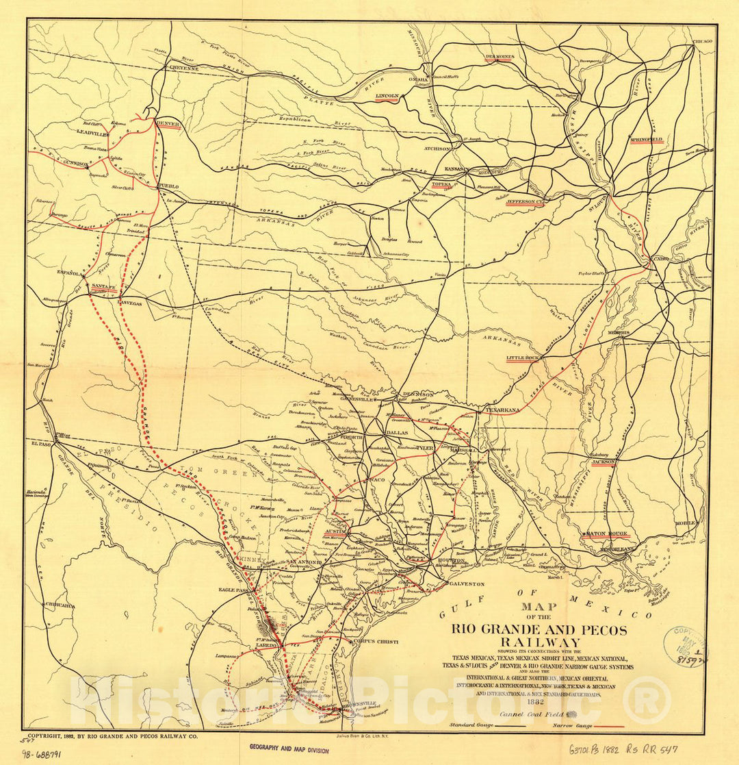 Historic 1882 Map - Map of The Rio Grande and Pecos Railway Showing its Connections with The Texas Mexican, Texas Mexican Short Line, Mexican National, Texas & St. Louis, and Denver