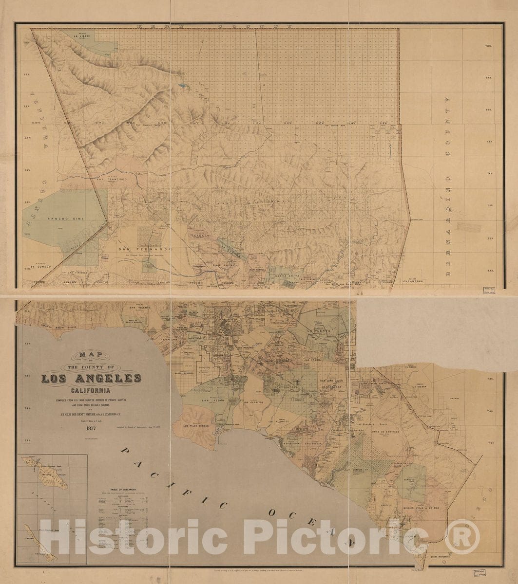 Historic 1877 Map - Map of The County of Los Angeles, California : compiled from U.S. Land surveys, Records of Private surveys, and from Other Reliable Sources