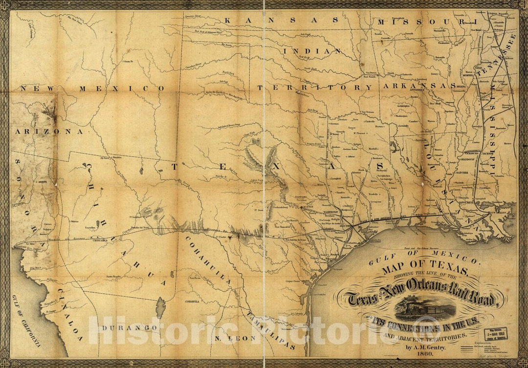 Historic 1860 Map - Map of Texas, Showing The line of The Texas and New Orleans Rail Road, and its Connections in The U.S. and Adjacent Territories.