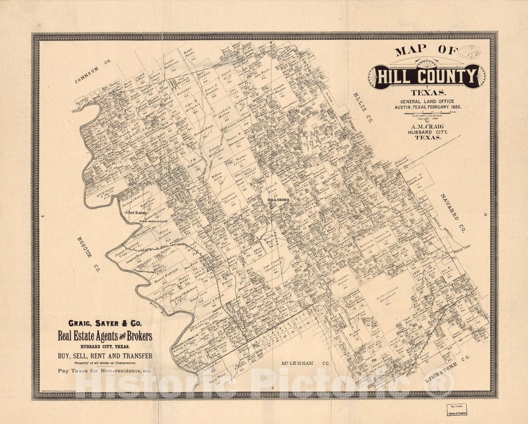 Historic 1886 Map - Map of Hill County, Texas : General Land Office, Austin, Texas, February 1886