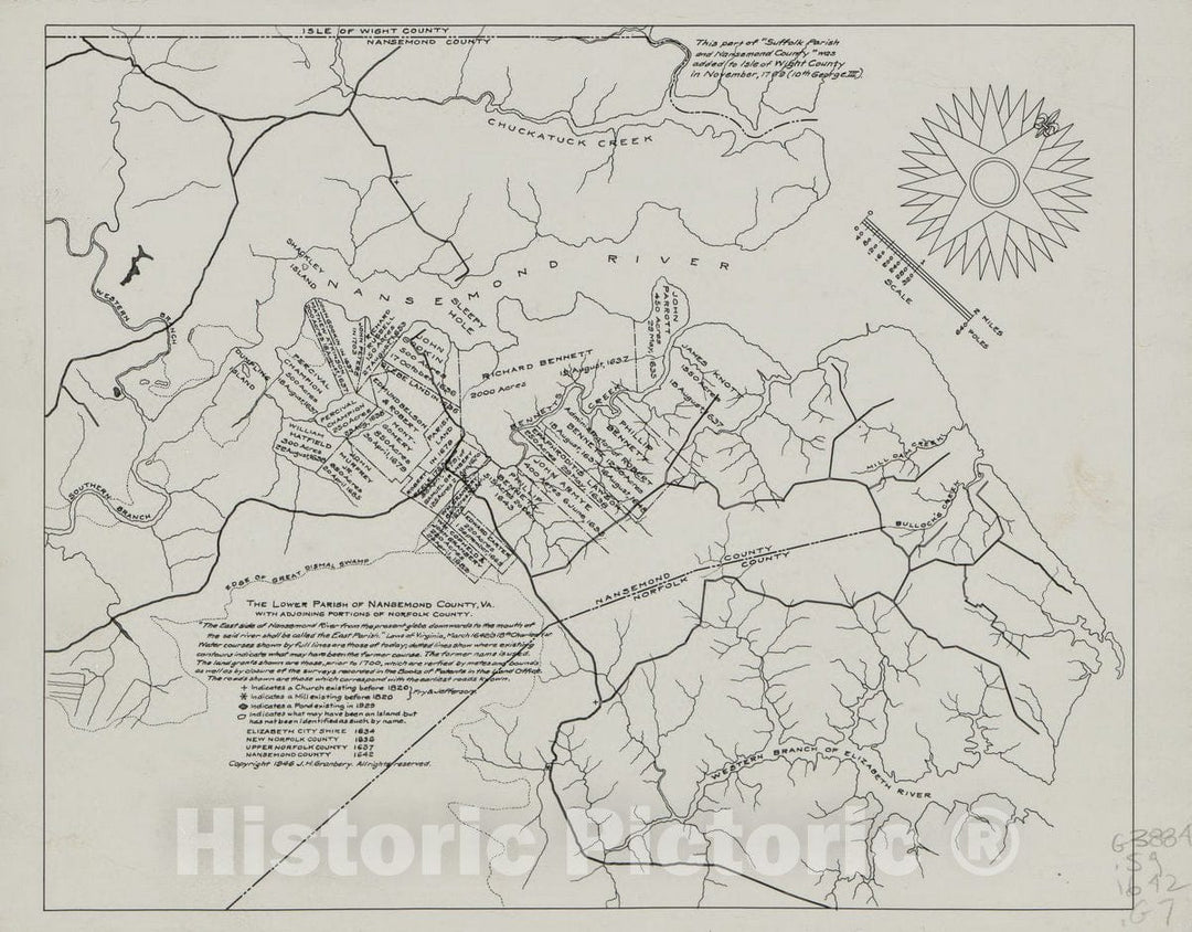 Historic 1946 Map - The Lower Parish of Nansemond County, Va. with adjoining portions of Norfolk County : Elizabeth City Shire 1634, New Norfolk County 1636, Upper Norfolk County 1637