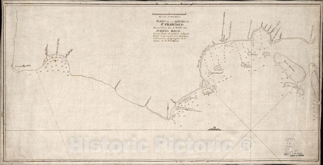 Historic 1740 Map - Plano de la aguada de St. Francisco en la ysla de St. Iuan de Puerto Rico. Las dos linias de Carmin el Punto Donde se juntaren ES el desecheo a distancia