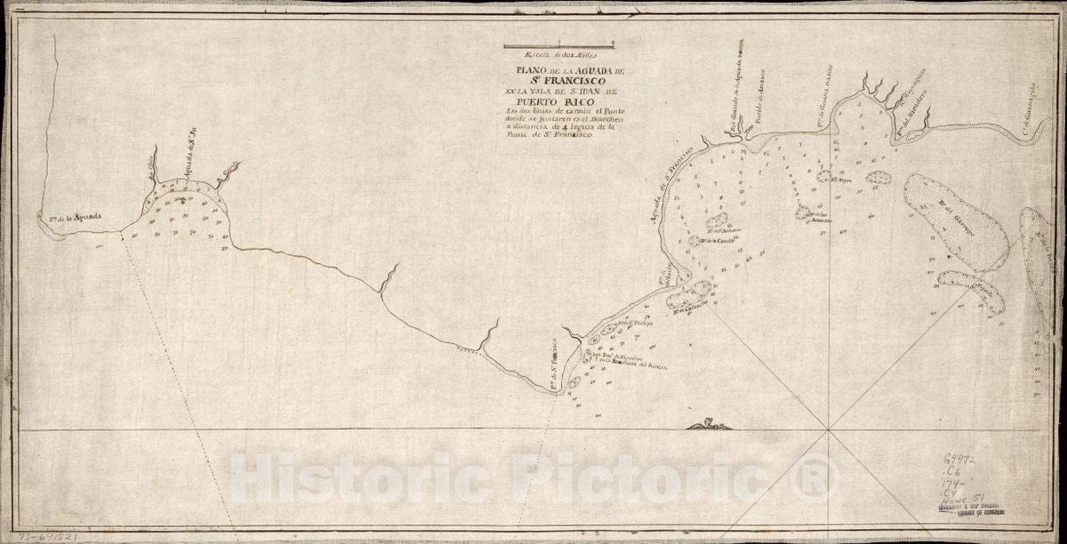 Historic 1740 Map - Plano de la aguada de St. Francisco en la ysla de St. Iuan de Puerto Rico. Las dos linias de Carmin el Punto Donde se juntaren ES el desecheo a distancia