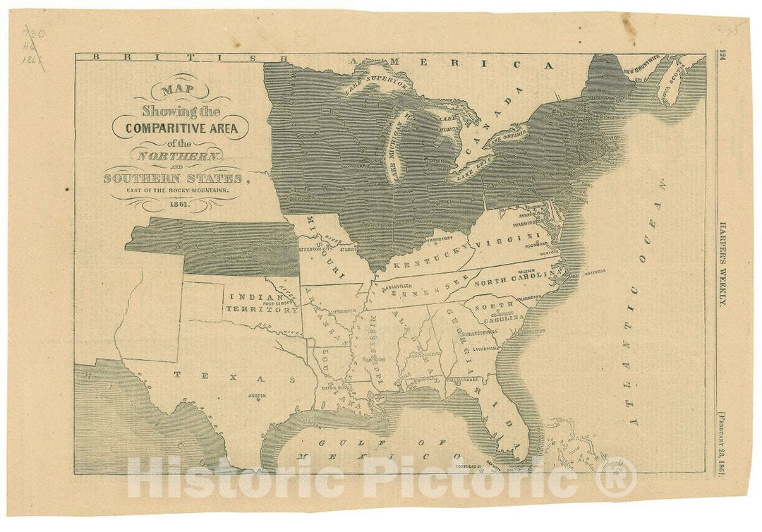 Historic 1861 Map - Map Showing The Comparative Area of The Northern and Southern States, East of The Rocky Mountains.