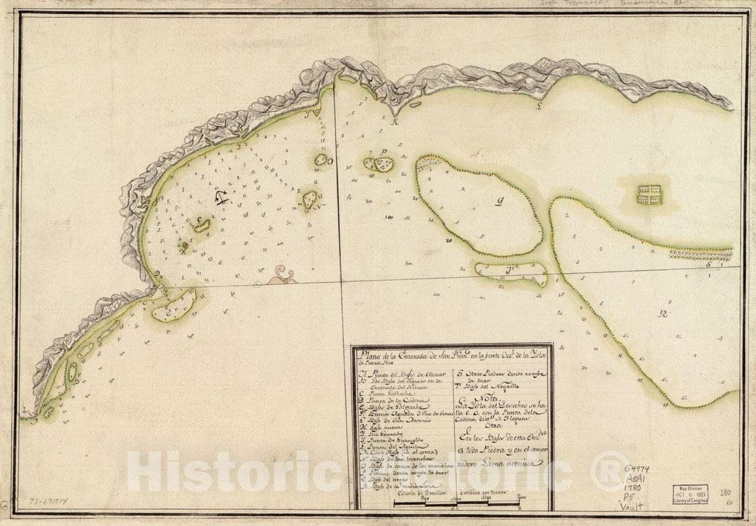 Historic 1780 Map - Plano de la enzenada de San Franco. en la Parte occl. de la ysla de Puerto Rico.