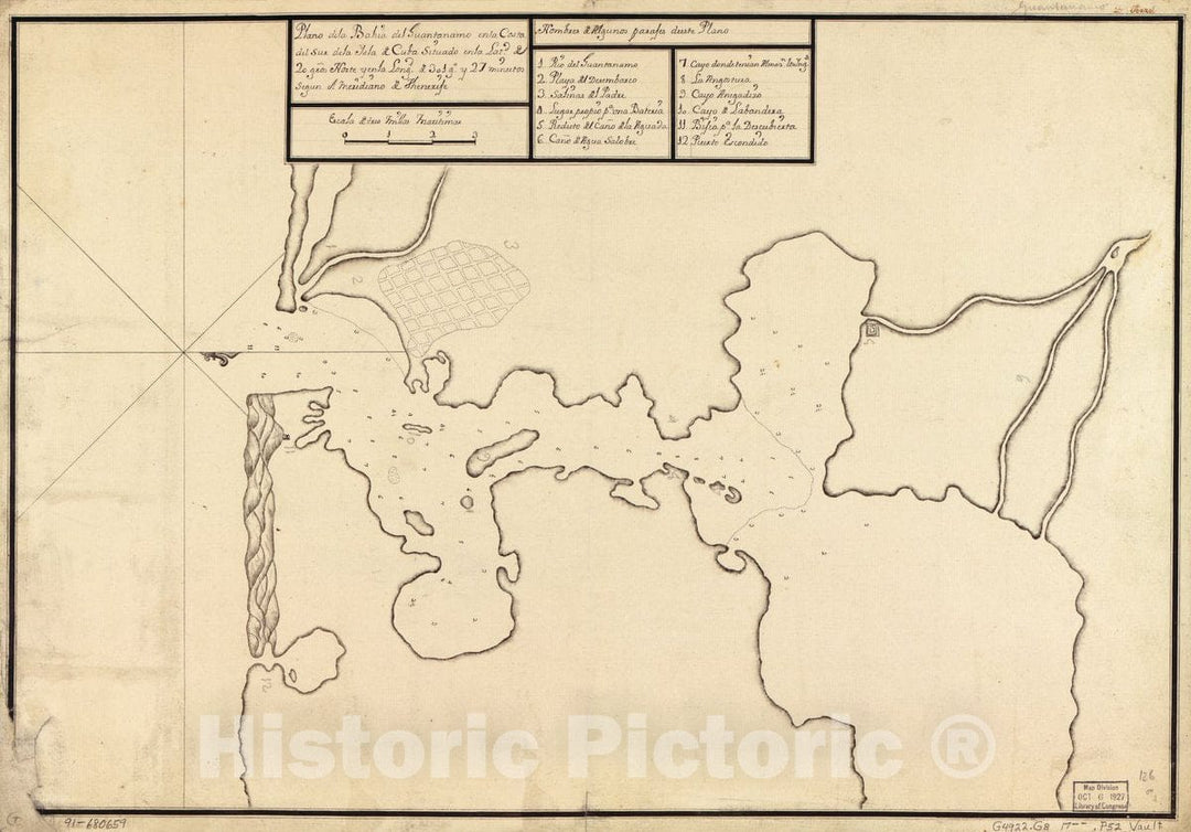 Historic 1700 Map - Plano de la BahÃ­a del GuantÃ¡namo en la Costa del sur de la ysla de Cuba situdao en la latd. DE 20 gros. Norte y en la longd. de 301 go. y 27 minutos