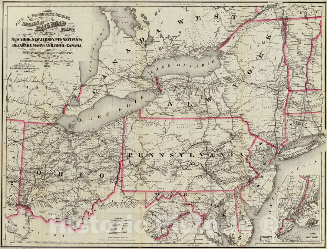 Historic 1860 Map - New York, New Jersey, Pennsylvania, Delaware, Maryland, Ohio and Canada, with Parts of adjoining States.