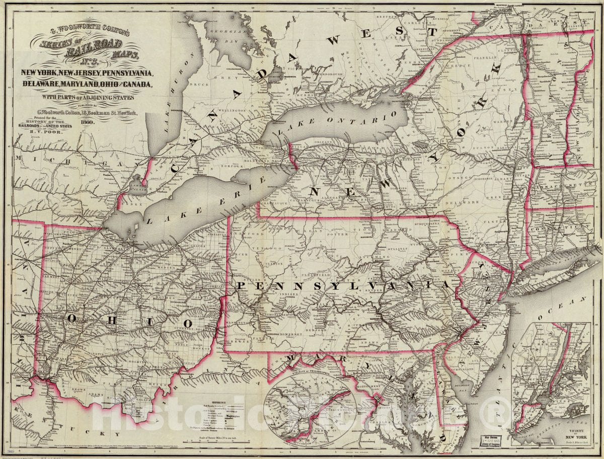 Historic 1860 Map - New York, New Jersey, Pennsylvania, Delaware, Maryland, Ohio and Canada, with Parts of adjoining States.