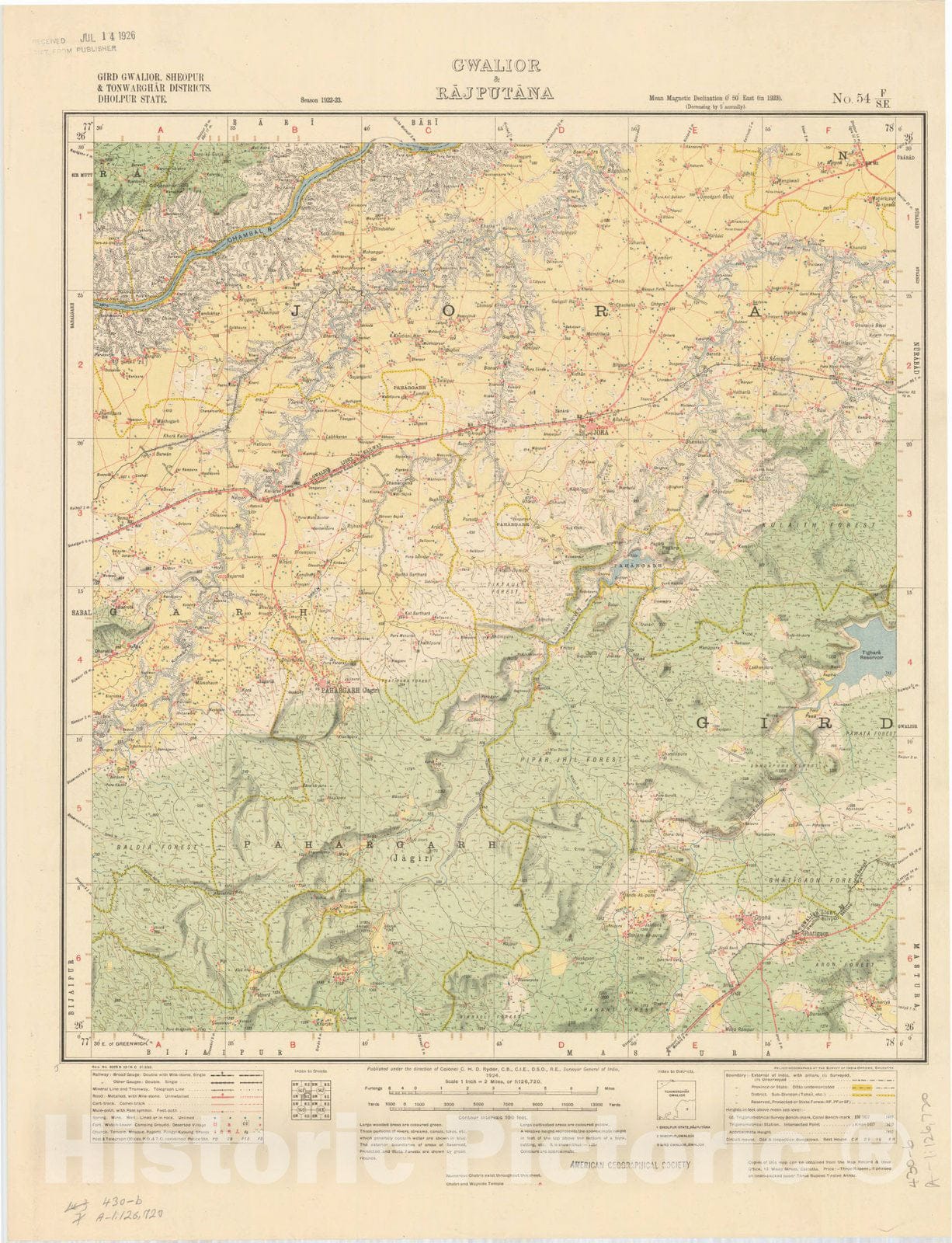 Map : Gird Gwalior, Sheopur & Tonwarghar Districts, Dholpur State, Gwalior & Rajputana, No. 54 F/S.E. 1924, India and adjacent countries, Antique Vintage Reproduction